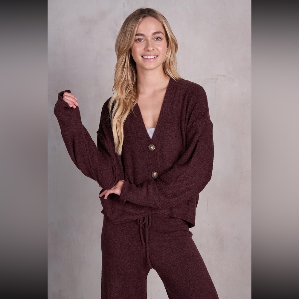 Chocolate V-neck Wide Cuff Knit Cardigan and Pants